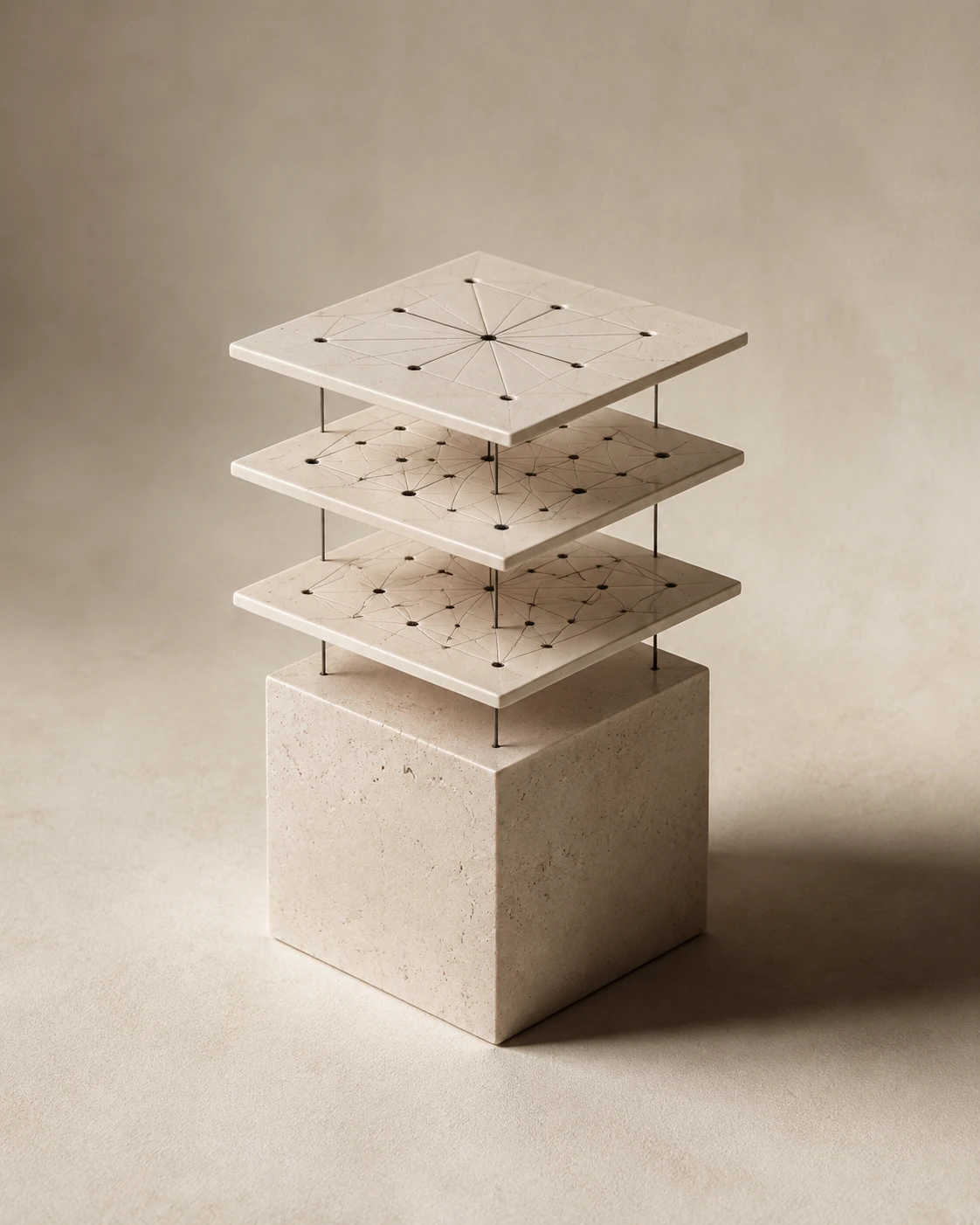 Conceptual sculpture of layered ceramic plates above a limestone cube